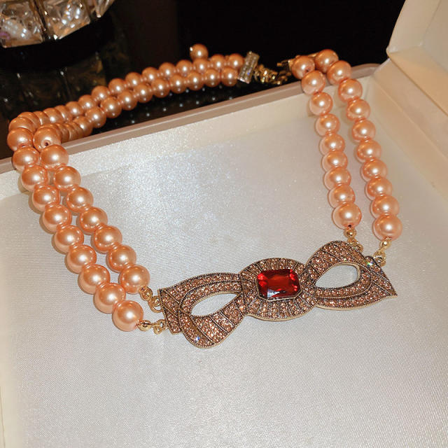 Vintage luxury champagne pearl bead diamond women necklace earrings set