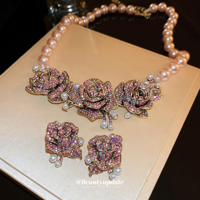 Luxury vintage diamond rose flower women necklace earrings set