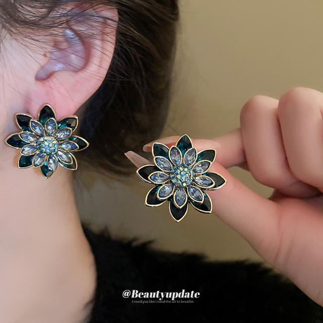 Vintage blue color bead diamond flower women necklace earrings set