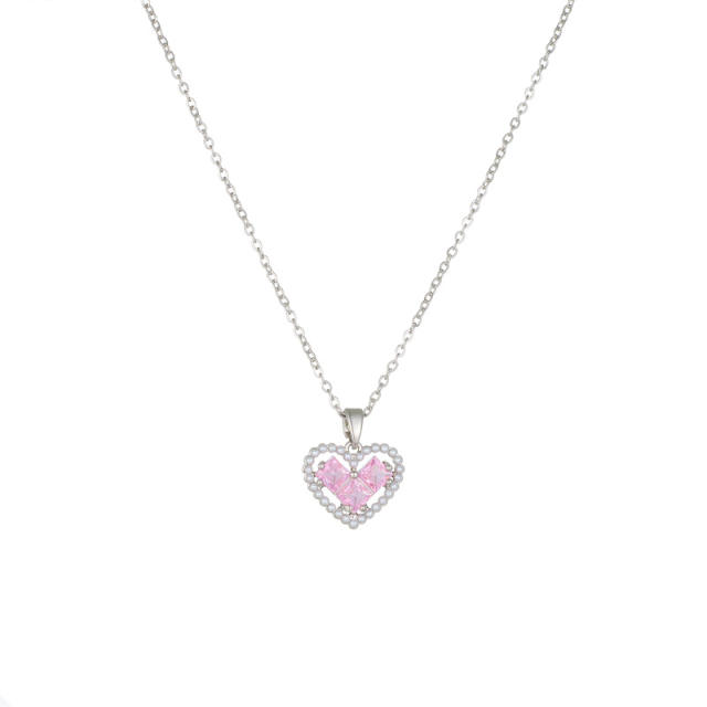 Sweet pink color cubic zircon heart pendant stainless steel chain necklace