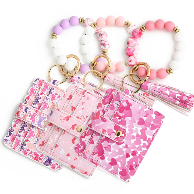 Pink heart Valentine's Day them silicon bead card holder wristlet keychain