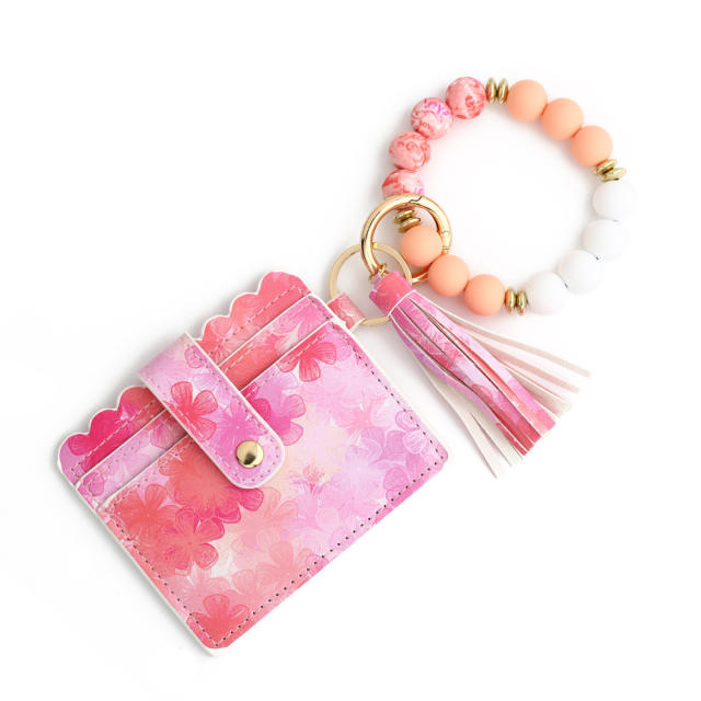 Pink heart Valentine's Day them silicon bead card holder wristlet keychain