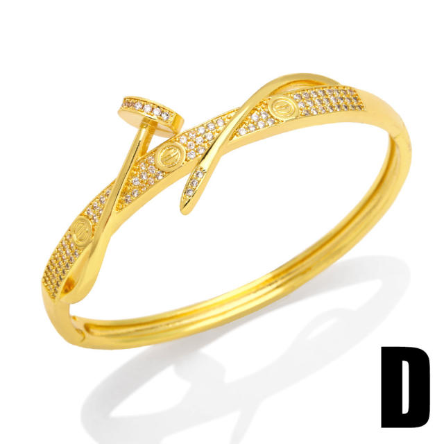 Delicate pave setting cubic zircon snail horse buckle real gold plated copper bangle