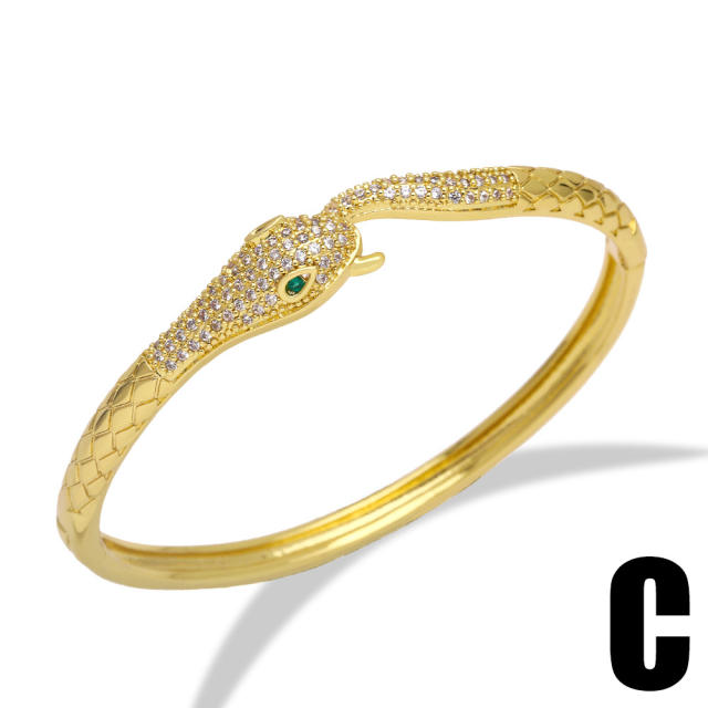 Luxury pave setting cubic zircon leopard snake gold plated copper bangle bracelet