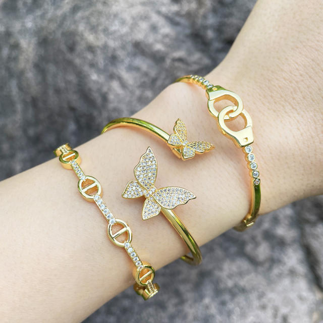 Delicate diamond butterfly smile face gold plated copper bangle bracelet