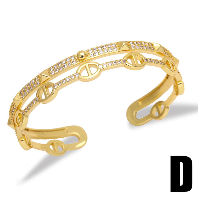 INS delicate pave setting cubic zircon gold plated copper bangle bracelet