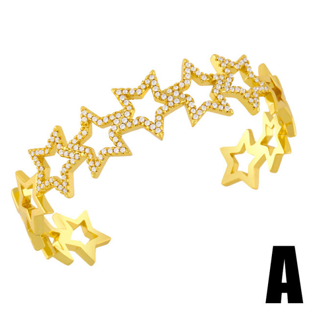 Hollow out diamond star gold plated copper bangle bracelet