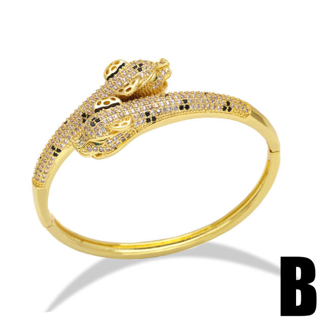 Luxury pave setting cubic zircon leopard snake gold plated copper bangle bracelet