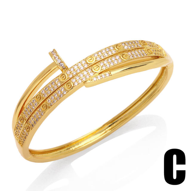 Chunky nail diamond real gold plated copper bangle bracelet