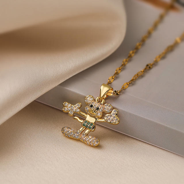 Cute full diamond cartoon pendant gold plated copper necklace