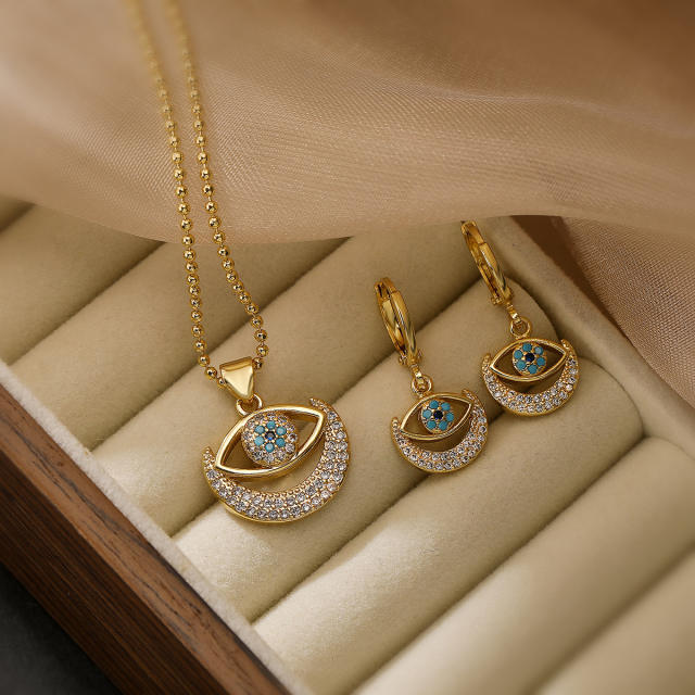 18K gold plated diamond evil eye pendant copper necklace set