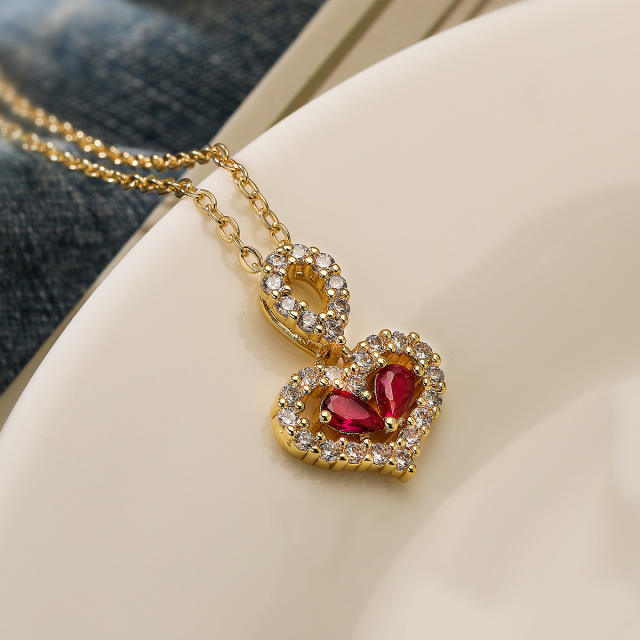 Dainty colorful diamond heart pendant gold plated copper necklace