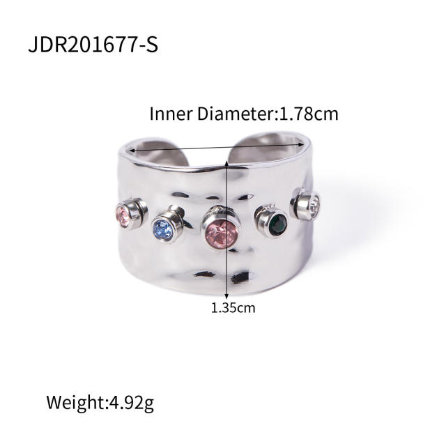 INS colorful cubic zircon stainless steel chunky rings