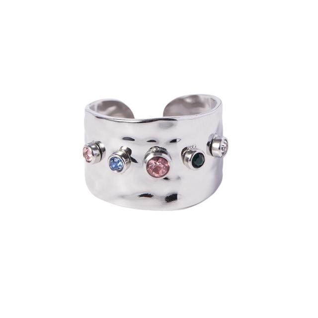 INS colorful cubic zircon stainless steel chunky rings