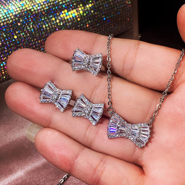 Delicate diamond bow cute dainty copper necklace earrings rings set