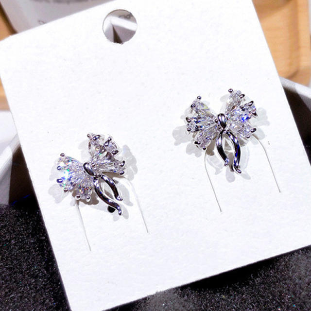 Sweet diamond bow cute copper studs earrings