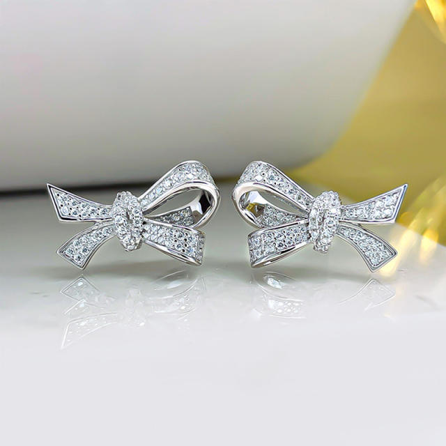 Delicate diamond bow cute copper studs earrings
