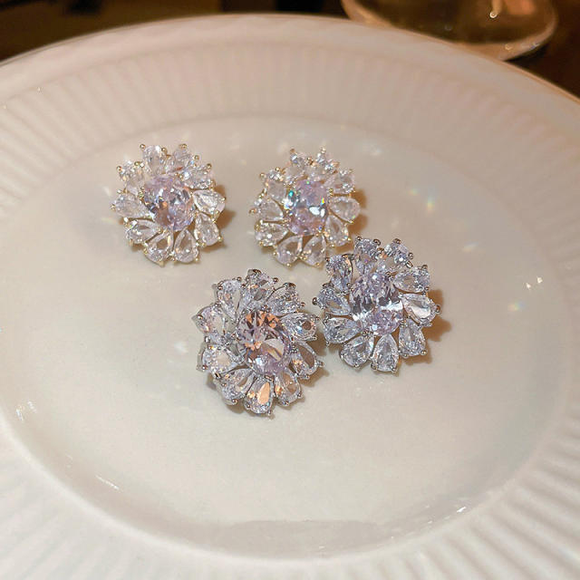 Korean fashion sweet sunflower diamond copper studs earrings