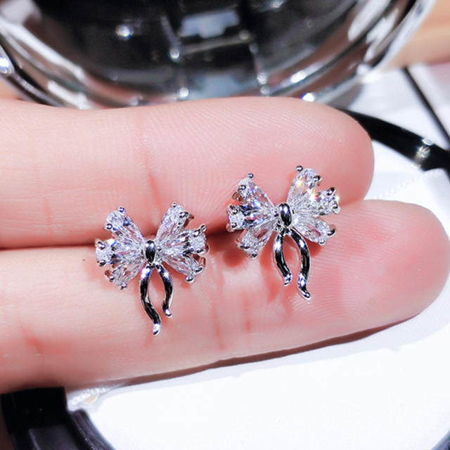 Sweet diamond bow cute copper studs earrings