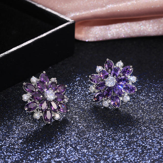 Luxury full cubic zircon flower shape copper studs earrings