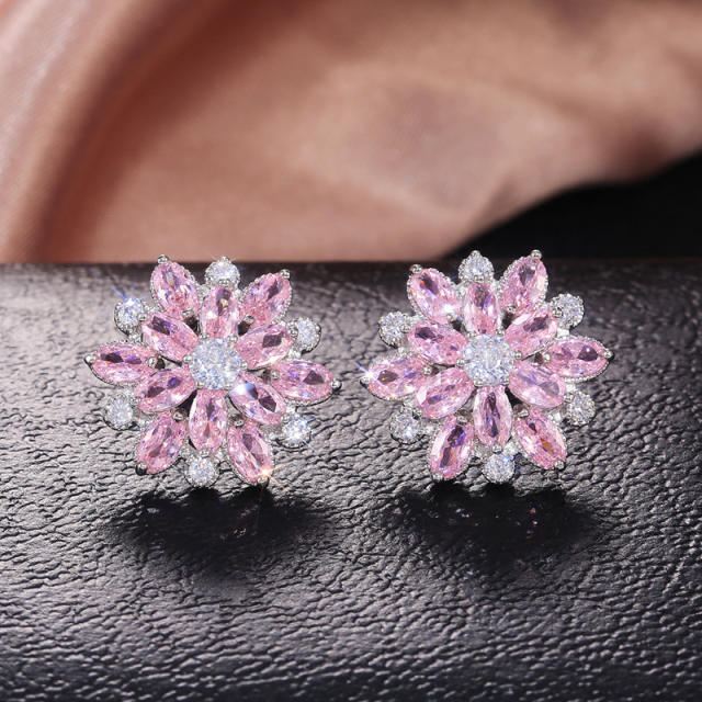 Luxury full cubic zircon flower shape copper studs earrings