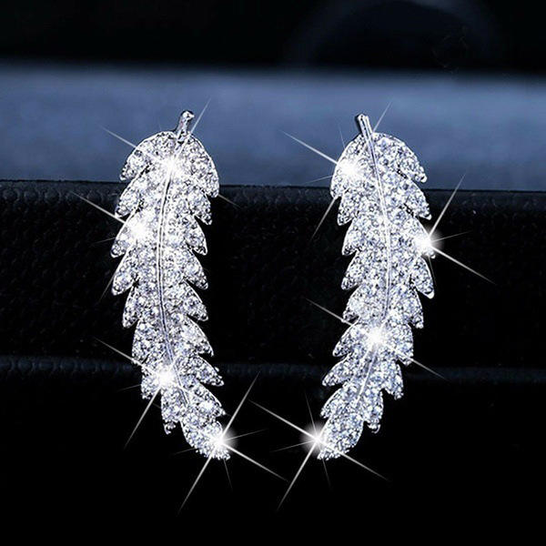 Delicate full diamond feather shape copper studs earrings