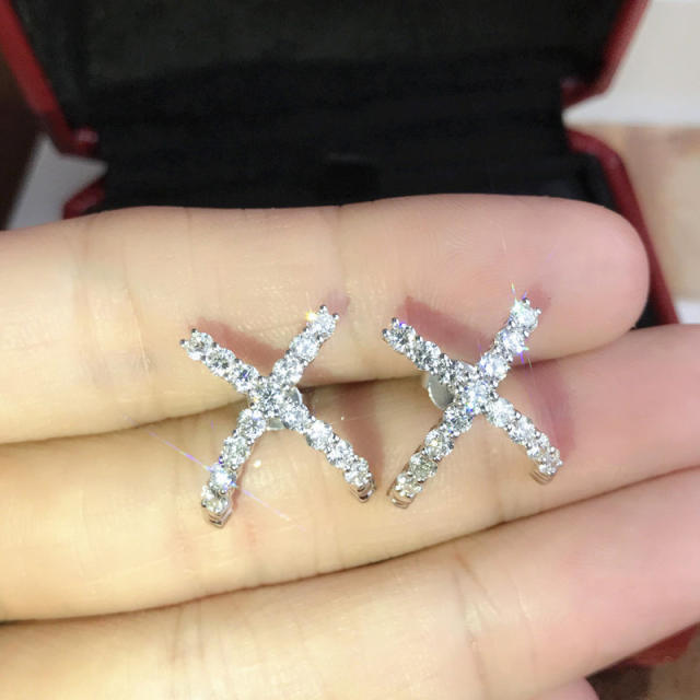Simple X shape diamond copper studs earrings