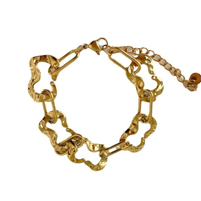 Personality gold color hammer pattern geometric chain stainless steel bracelet