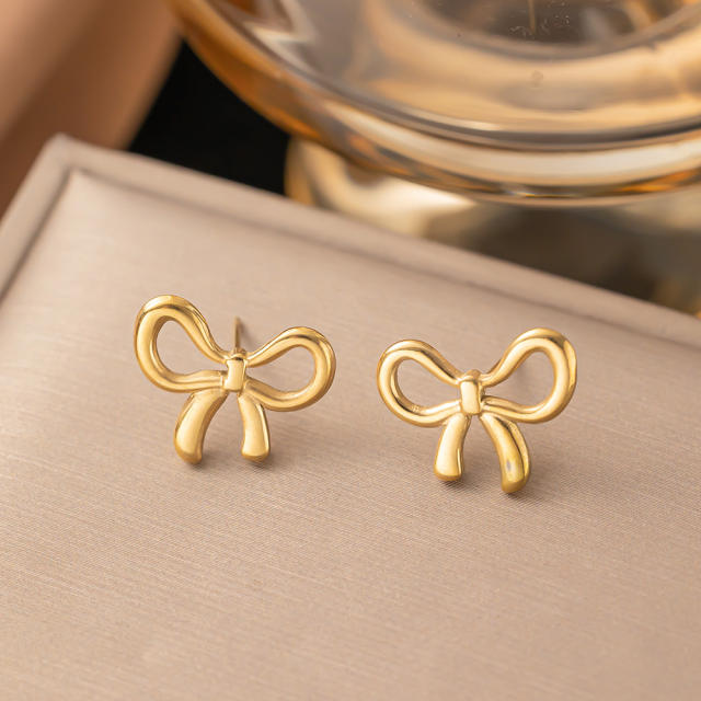 Dainty cute hollow bow stainless steel necklace earrings set