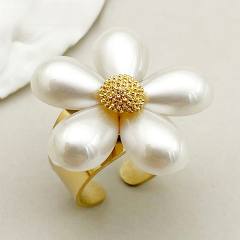 Romantic pearl flower chunky stainless steel finger rings