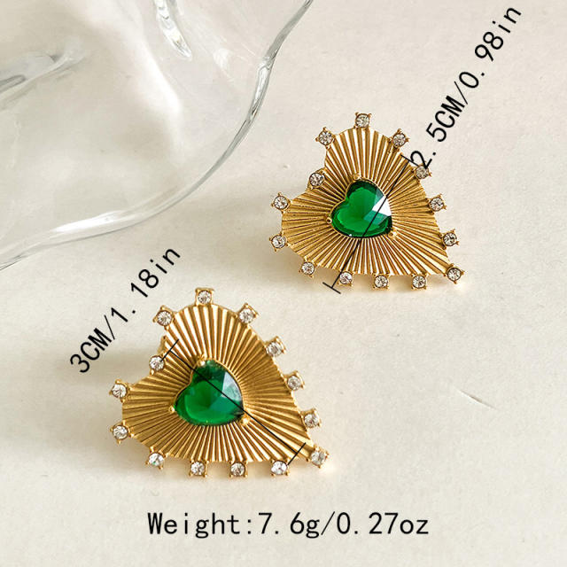Easy match gold color emerald cubic zircon heart stainless steel earrings