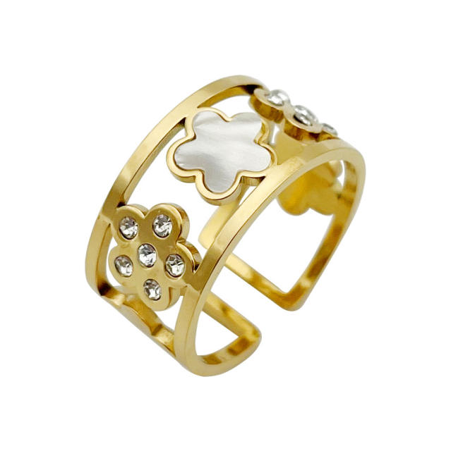 14KG mother shell clover hollow out wide stainless steel finger rings