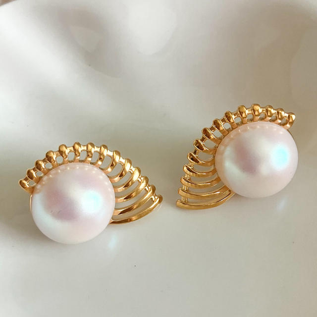 Elegant pearl bead stainless steel studs earrings for women