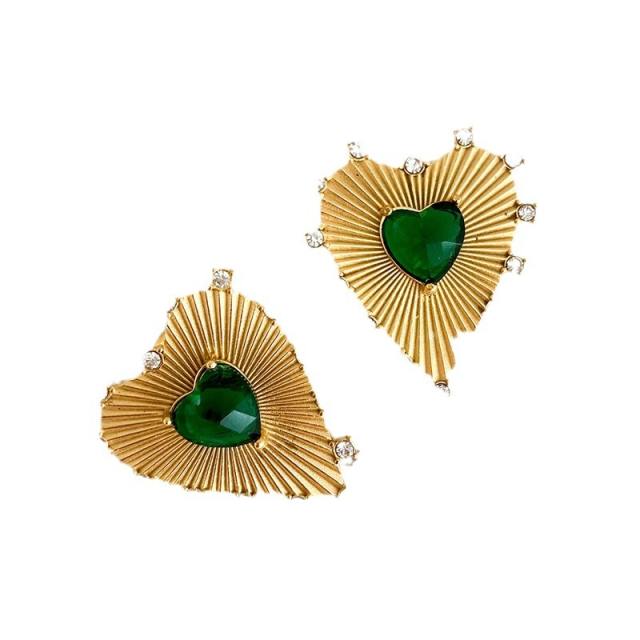 Easy match gold color emerald cubic zircon heart stainless steel earrings