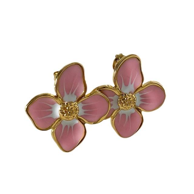 INS cute pink color flower enamel stainless steel earrings