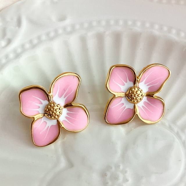 INS cute pink color flower enamel stainless steel earrings