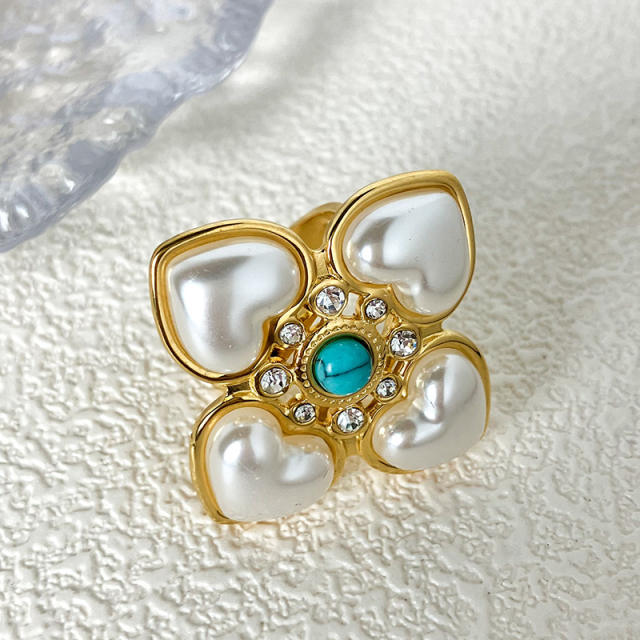 Vintage pearl flower turquoised bead stainless steel finger rings