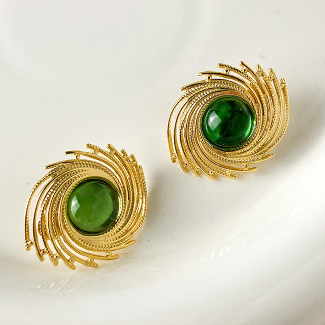Vintage green color stone statement geometric stainless steel earrings