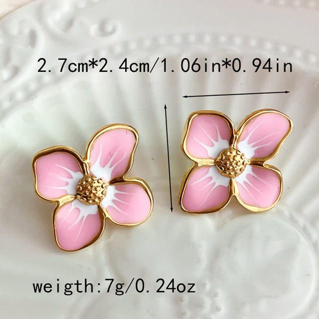 INS cute pink color flower enamel stainless steel earrings