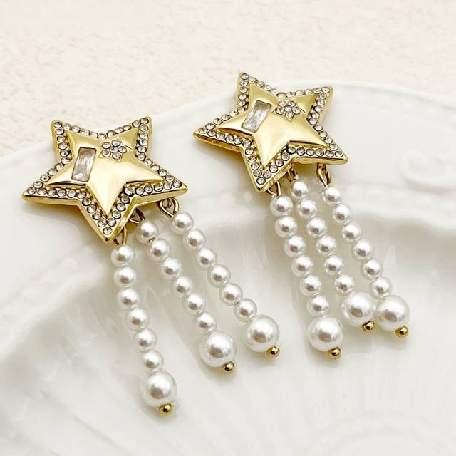 Delicate diamond star pearl chain tassel stainless steel earrings