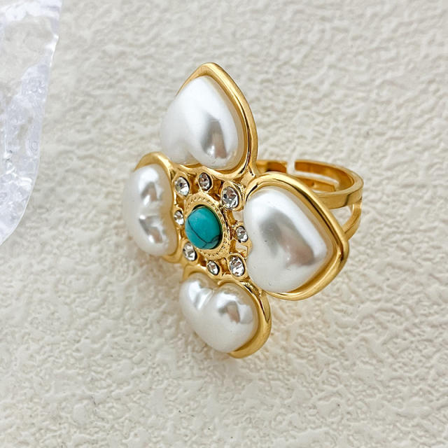 Vintage pearl flower turquoised bead stainless steel finger rings
