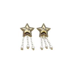Delicate diamond star pearl chain tassel stainless steel earrings