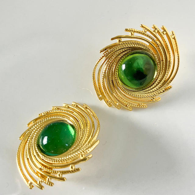 Vintage green color stone statement geometric stainless steel earrings
