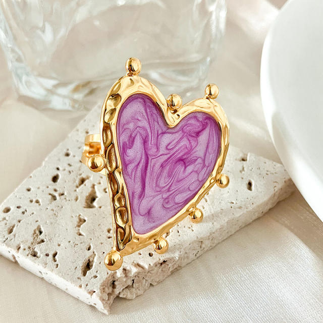 Geometric light purple enamel heart stainless steel finger rings