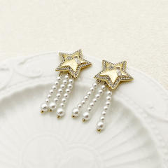 Delicate diamond star pearl chain tassel stainless steel earrings