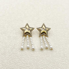 Delicate diamond star pearl chain tassel stainless steel earrings