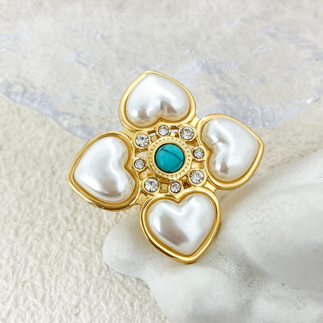 Vintage pearl flower turquoised bead stainless steel finger rings