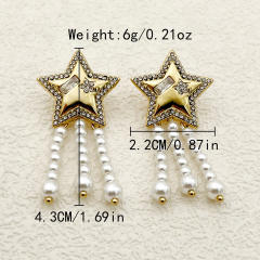 Delicate diamond star pearl chain tassel stainless steel earrings