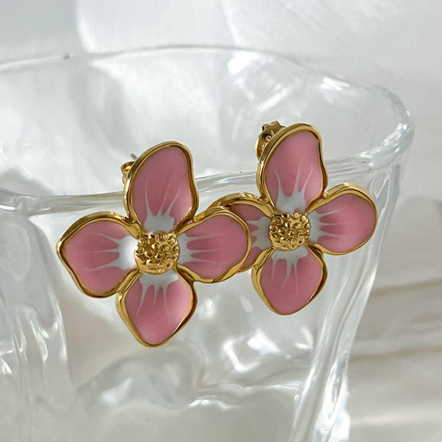 INS cute pink color flower enamel stainless steel earrings