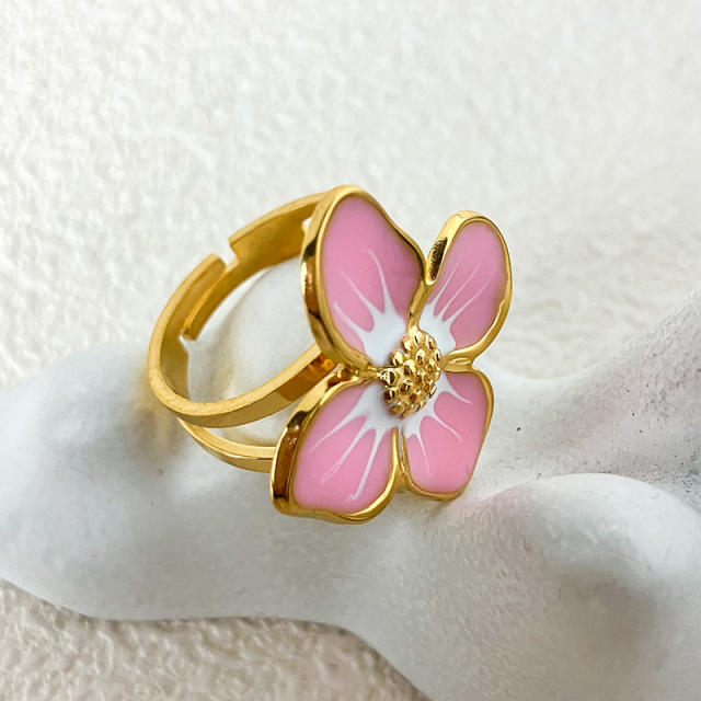 INS sweet pink color enamel blooming flower stainless steel finger rings